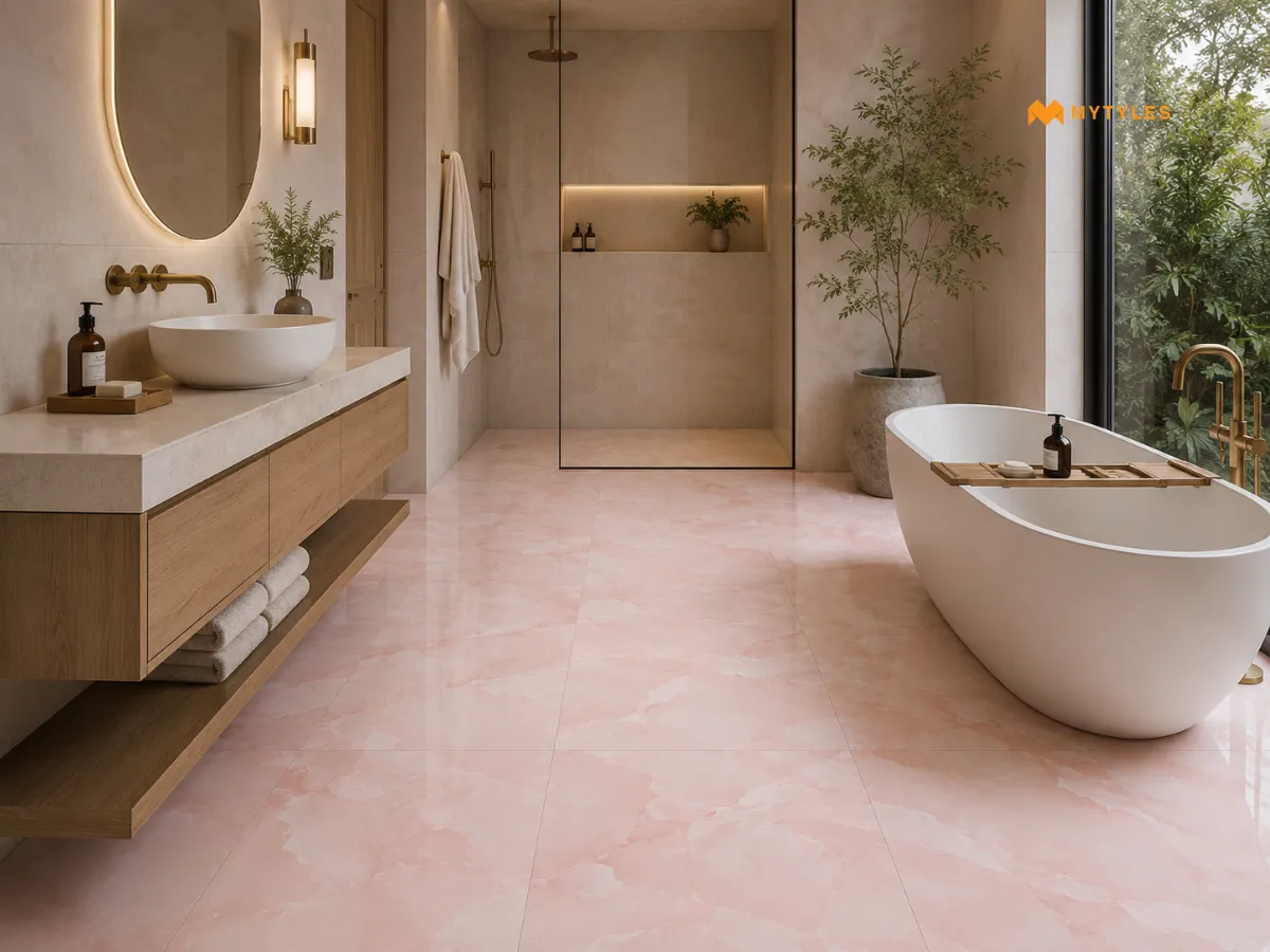 Vitrified Pink Floor Tiles in Bathroom
